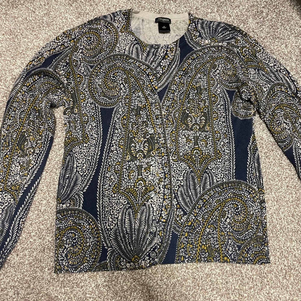 Vintage Ann Taylor Cardigan  M 100% Cotton Navy Paisley Very Ralph Lauren Look!